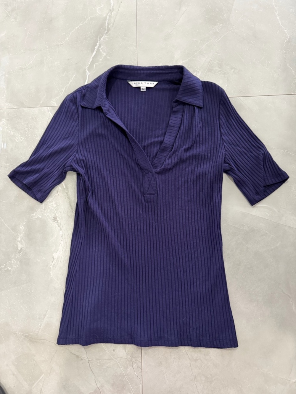 Trina Turk Deep Navy Ribbed Polo V-Neck Short Sleeve Top